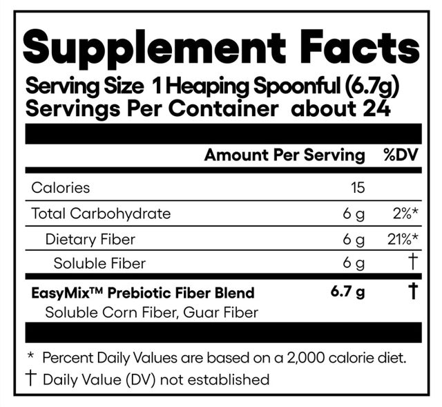 Supplement Facts panel for Easy Mix Fiber: 1 heaping spoonful, 6 g dietary fiber, soluble corn fiber and guar fiber