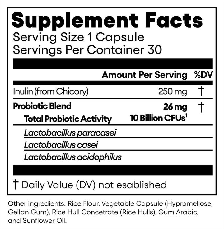 Supplement Facts panel for Prebiotic Probiotic: 1 capsule, inulin from chicory 250 mg, probiotic blend 26 mg, 10 billion CFU